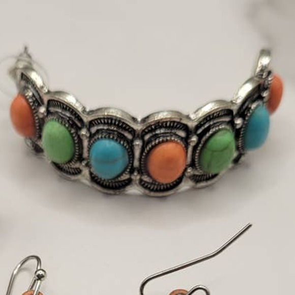 Stone Etched Half Hoop Earrings Western Southwestern Multicolor - Picture 2 of 4